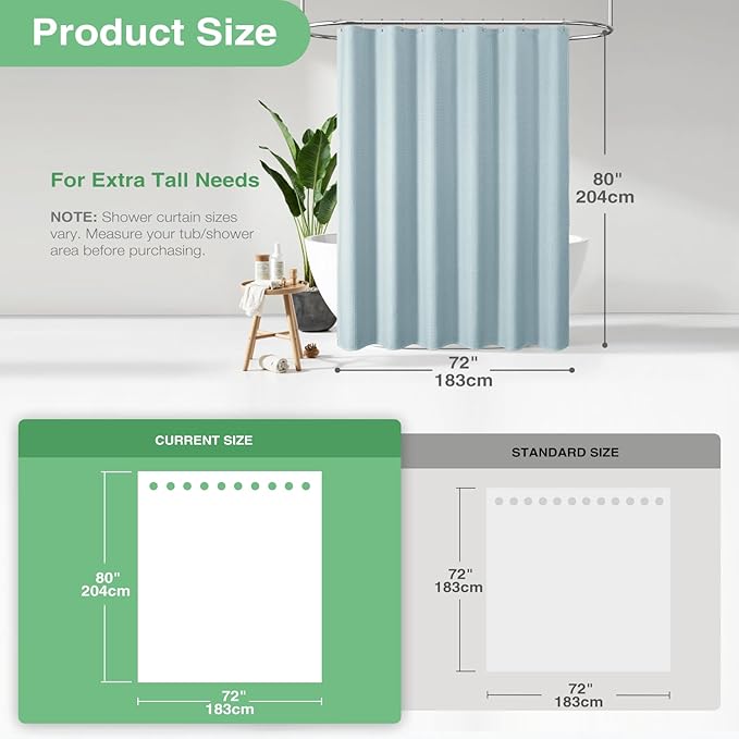 Dynamene Long Fabric Shower Curtain - Waffle Textured Tall Heavy Duty Cloth Shower Curtains for Bathroom, 256GSM Large Hotel Spa Luxury Bath Curtain Set with 12 Plastic Hooks(72Wx80H, Fog Blue)