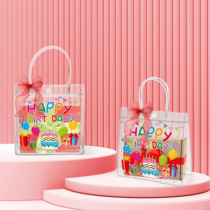 H1vojoxo Birthday Party Gift Bags - 24PCS Happy Birthday Clear PVC Gift Bags with Handles 10 Yards Red DIY Bow Ribbon 7.9x7.9x3.1 Inches Reusable Clear PVC Birthdays Gift Wrap Tote Bag for Kids Adults