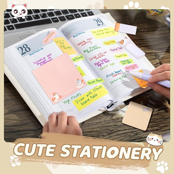 Crtin 69 Pcs Cute Sticky Notes Set,Cartoon Pen, Stickers, Paperclip, Sticky Memos Office & Party Favors (Cat)