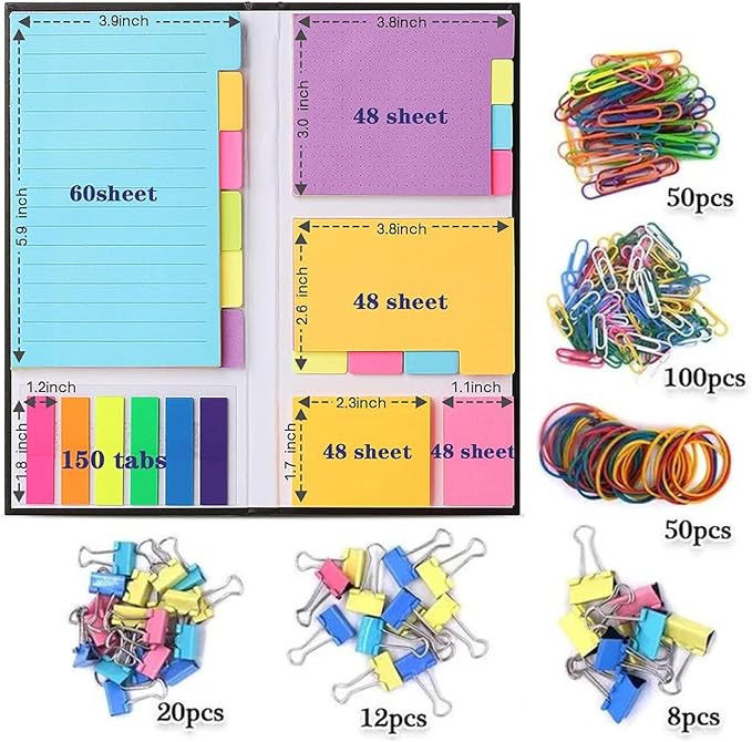 THE CEO Sticky Notes Tabs with Paper Clips- 410 Sticky Notes & Office Paper Clips for Easy Organization- Includes 240 Colorful Papers Clips for School & Desk A Fun & Functional Gift for Office Workers