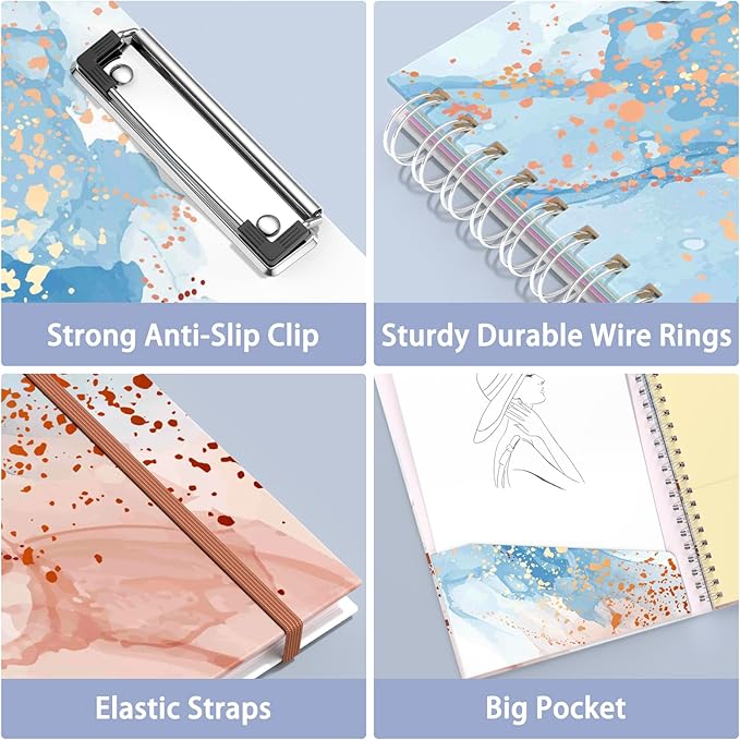 Rimilak Spiral Clipboard Folio with Refillable Lined Notepad, 14.5 x 9.8 In, Hardcover Cover with 5 Interior Pockets, Elastic Band and Pen Loop Series. Cute Stylish Clipfolio, Abstract Marble