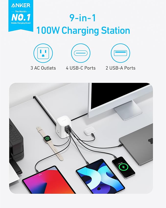 Anker Desktop Charger, 9-in-1 Power Strip with 300J Surge Protector, 5ft Flat Plug Extension Cord with Multiple Devices, 100W USB C Charger with 3 AC, 2 USB A, 4 USB C, Home Office, Desk Accessories