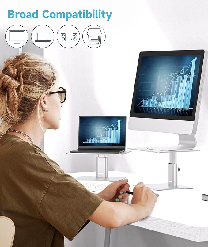 BoYata Monitor Riser Stand, Adjustable Height Metal Desktop Stand Storage Organizer Compatible with TV, PC, Laptop, Computer, iMac, and All Screen Display-Silver