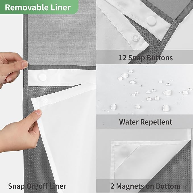 Extra Long No Hook Shower Curtain with Snap-in Fabric Liner Set,Grey Waffle Weave Shower Curtains for Bathroom,Hotel Luxury Decor Bathroom Curtain Set,Waterproof & Washable,71Wx86H