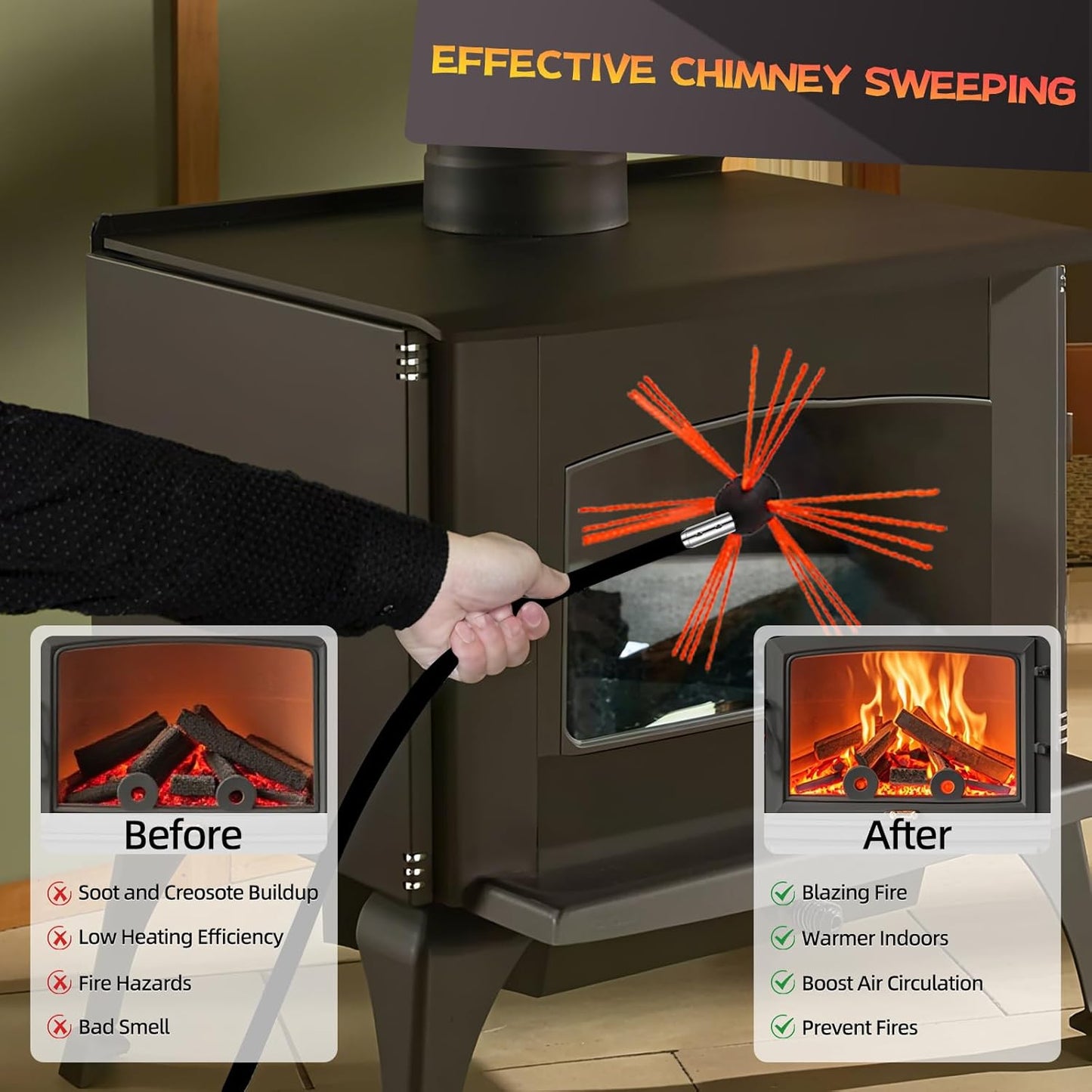 33 Feet Chimney Sweep Kit, Chimney Cleaning Kit with 10 Flexible Black Chimney Rods, Chimney Brush for Sweeping Fireplace, Rotary Chimney Cleaning System Driven by Drill