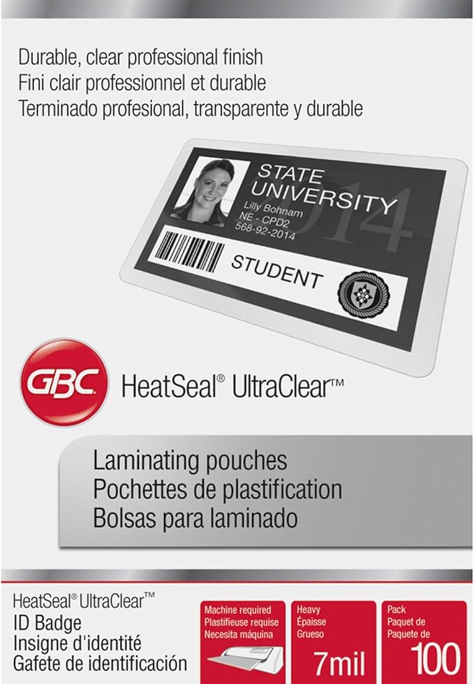 GBC Laminating Sheets, Thermal Laminating Pouches, Badge Size, 7 Mil, HeatSeal UltraClear, 100 Pack (3200016)