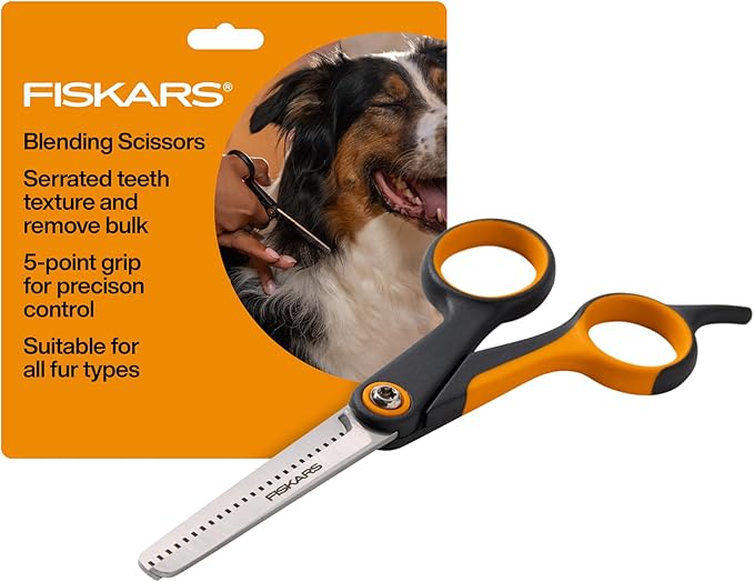 Fiskars Pet, Dog and Cat Grooming Scissors, Serrated Teeth for Thinning & SoftGrip Handle, Cat and Dog Supplies, 6.5”, Orange/Black, Blending Scissors