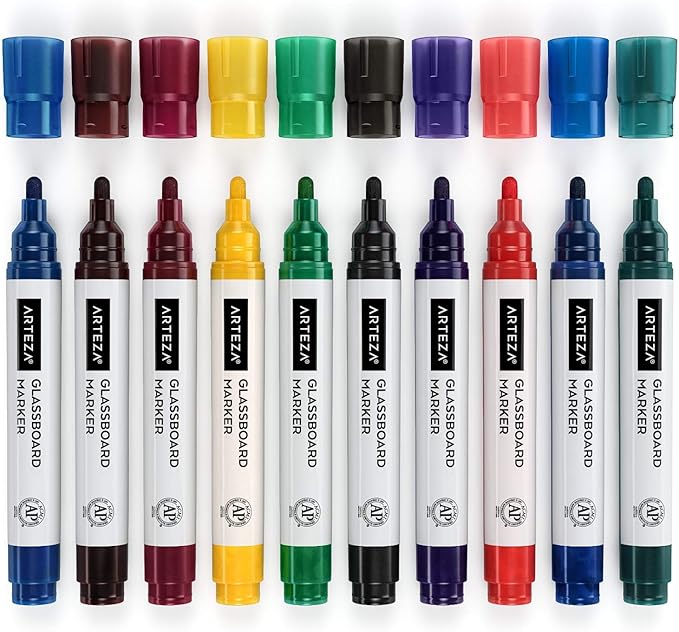 ARTEZA Glass Board Dry Erase Markers, Pack of 10 Colors Glass Markers, Low-Odor Ink, Erasable Mirror Window Markers, Office Supplies for Whiteboards,