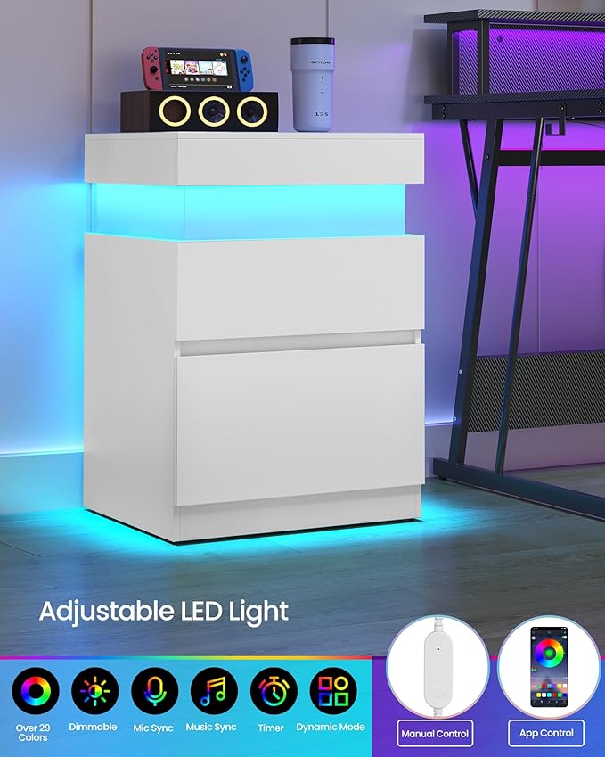 VASAGLE Kailyn Collection - Nightstand with Power Outlets, Sliding Lid, Modern Bedside Table with LED Lights, End Table, 2 Drawers, 15.7 x 18.9 x 26.8 Inches, Cloud White ULET650WB01S