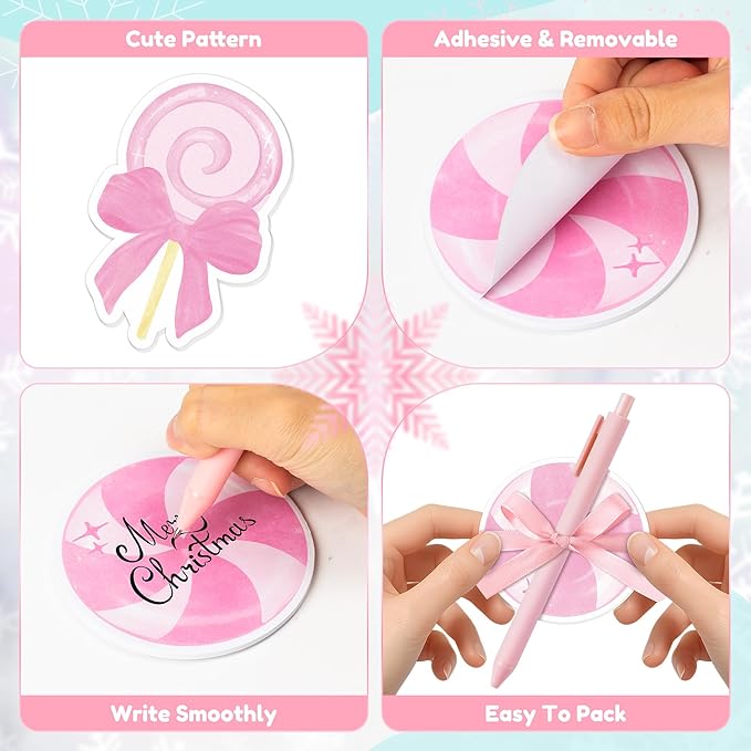 Xqumoi Christmas Pink Candy Sticky Notes with Pen Gift Set - 24 Set Xmas Sweet Self Sticky Writing Memo Pads Ballpoint Pens with Mesh Bag Party Favors School Classroom Rewards Office Supplies