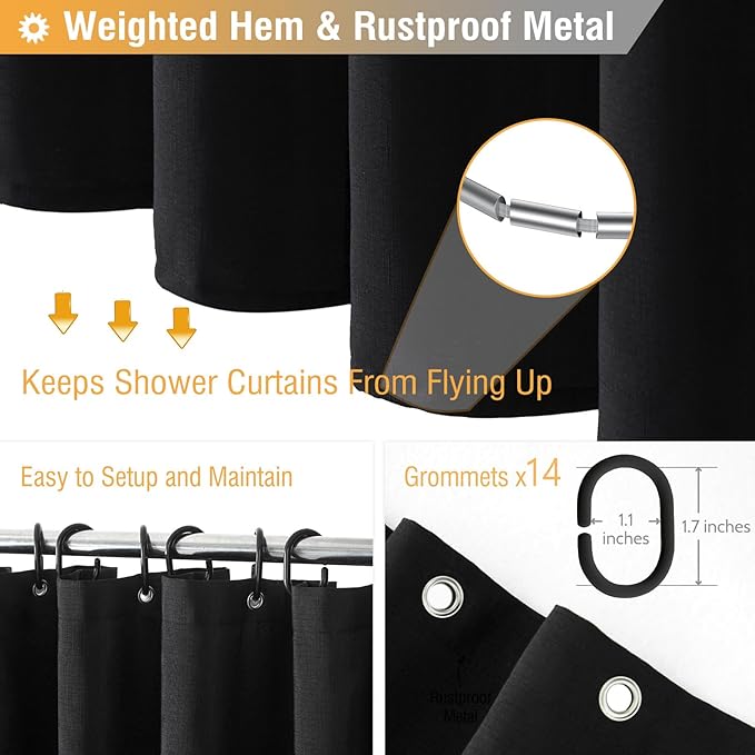 BTTN 84 Inch Wide Shower Curtain - W84xH72 Linen Textured Heavy Duty Fabric Cloth Shower Curtain Set with 14 Plastic Hooks, Large Hotel Simple Waterproof Polyester Bath Curtains for Bathroom - Black