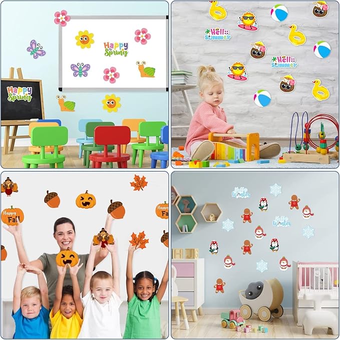 Haooryx Spring Summer Fall Winter Classroom Cutouts Bulletin Board Set - 120Pcs Seasonal Classroom Decoration Paper Cut-Outs Blackboard Border Trim for School Classroom Whiteboard Window Wall Decor
