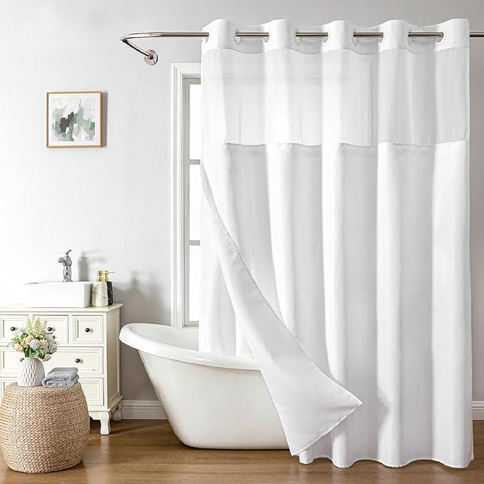 Extra Long No Hooks Needed Linen Textured Shower Curtain with Snap-in Fabric Liner Set,White Hotel Luxury Decor Shower Curtains for Bathroom,Waterproof & Washable,71Wx86H