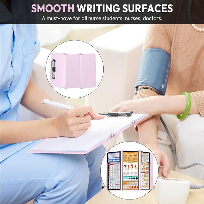 Nursing Clipboard Foldable, Foldable Clip Board w/Nursing Edition Medical Charts,3 Layers Aluminum, Nurse Note w/Low Profile Clip&Pen Clip for Students, Nurses and Doctors, Baby Pink