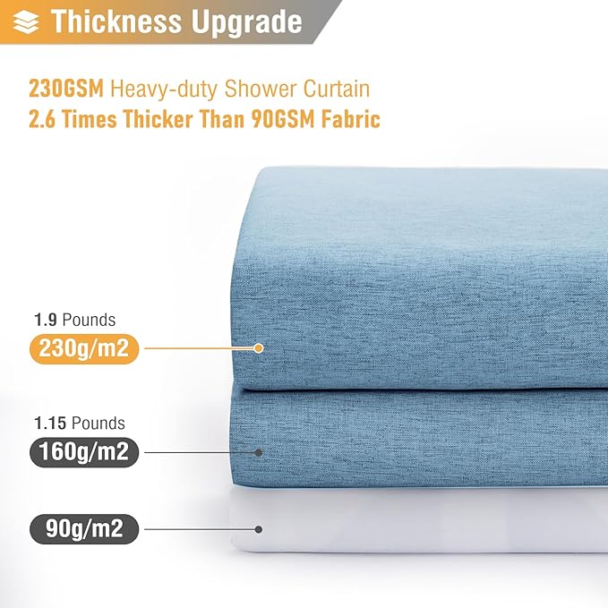 BTTN Blue Fabric Shower Curtain, Linen Textured Heavy Duty Waterproof Cloth Shower Curtain Set with 12 Plastic Hooks, Simple Hotel Luxury Decorative Shower Curtain for Bathroom, 72x72, Moonlight Blue