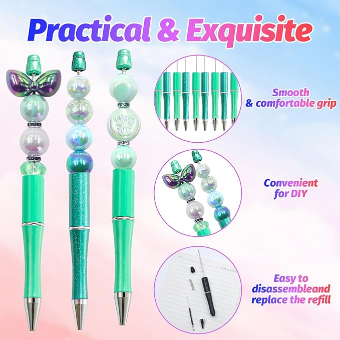 150 Pieces DIY Beadable Pen Kit – 50 Plastic Ballpoint Pens with Refills & Bags – School Supplies, Office Accessories & Decorative Items for Students & Teachers (Cyan)