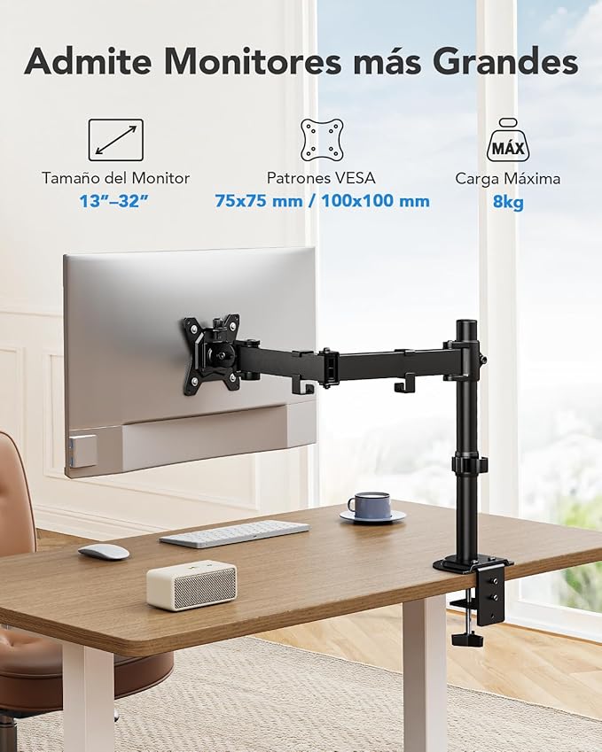 HUANUO Single Monitor Mount, Monitor Arm for 13”-32” Monitors up to 17.6 lbs, Adjustable Stand with 16” Max Height, Desk Mount with C-Clamp and Grommet Base, VESA 75x75mm or 100x100mm