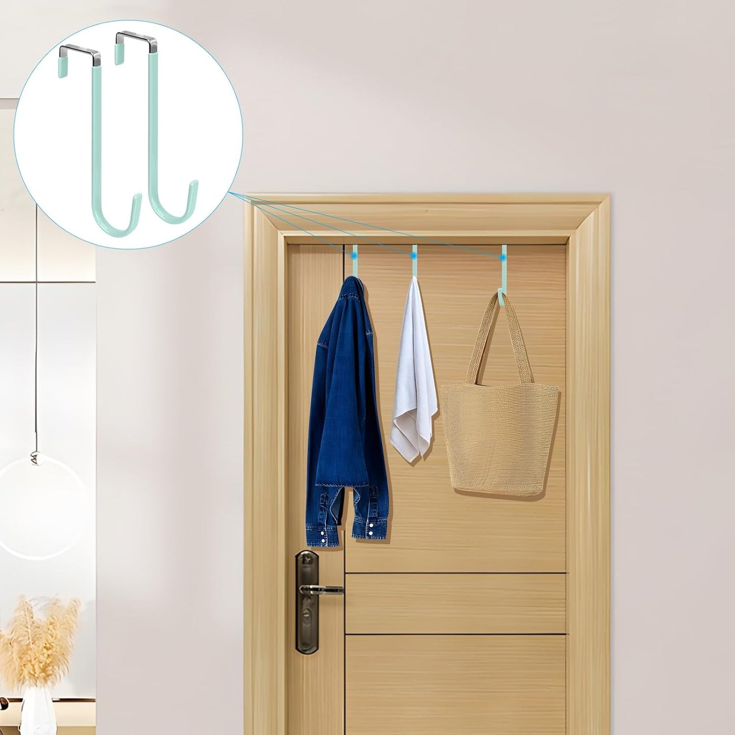 FYY Over The Door Hooks, 4 Pack Upgraded Long Door Hangers Hooks with Rubber Prevent Scratches Heavy Duty Organizer Hooks for Hanging Clothes, Towels, Hats, Coats, Bags LightGreen