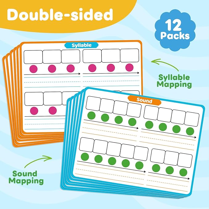 12 Packs Phonemic Awareness Dry Erase Board, Speech Therapy Material Dry Erase Phonics Games Flash Cards, Elkonin Boxes Science of Reading Spelling Manipulatives Classroom Materials Must Have