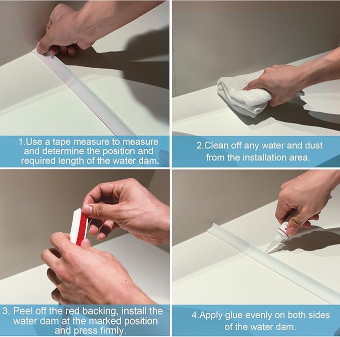 39Inch Shower Threshold Water Dam, Self-Adhesive Silicone Shower Barrier Water Stopper Shower Door Bottom Seal Strip Shower Splash Guard for Bathroom Kitchen Bathtub