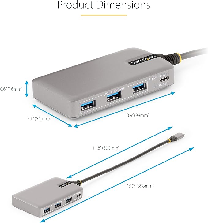 StarTech.com 4-Port USB-C Hub with USB-C DP Alt Mode Video Output 4K 60Hz - 3x USB-A, 1x USB Type-C, 100W Power Delivery Pass-Through, USB 3.2 10Gbps, 1ft/30cm Cable, Portable USB Hub (HB31C3A1CDPPD3)