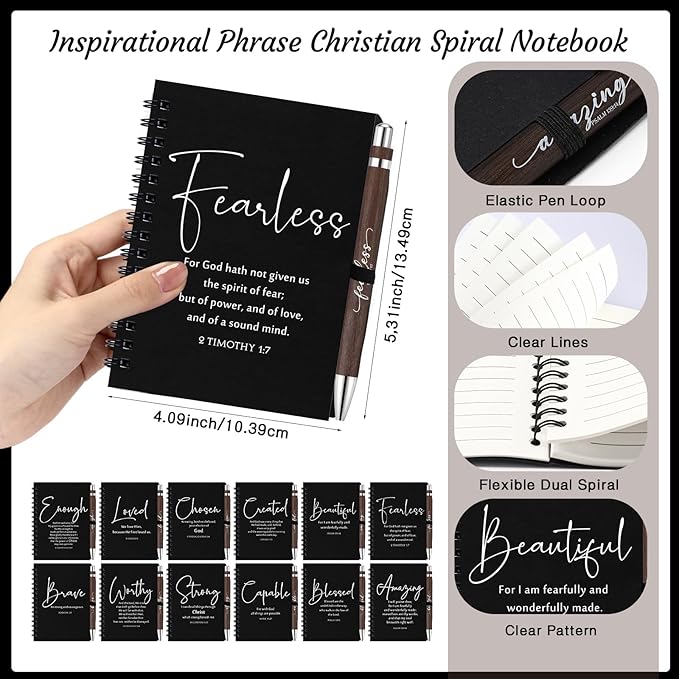Kosiz 24 Sets Christian Gifts Bulk Inspirational Bible Verse Spiral Notebook and Religious Bamboo Ballpoint Pen Journal with Scripture for Easter Church Member First Communion Teacher Holy Week (Black)