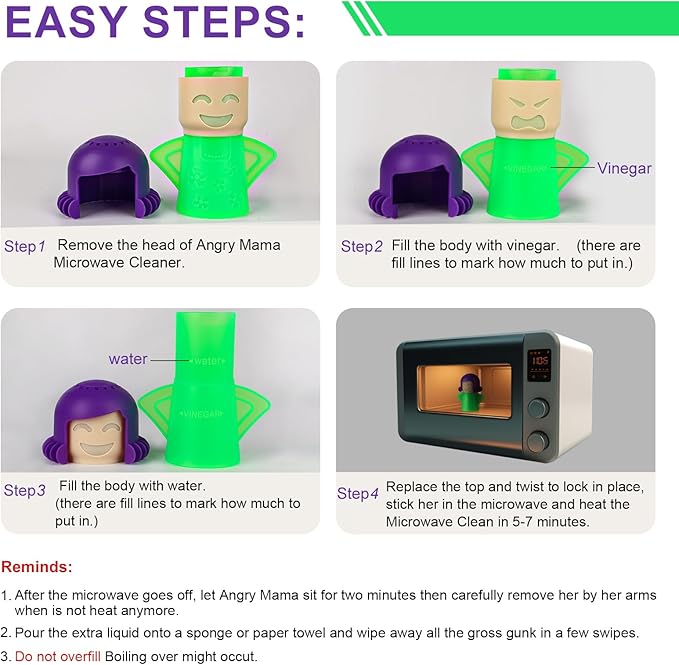 Asltw Angry Mama Microwave Oven Cleaner, Fast Action Steam Kitchen Gadget, Just Add Vinegar and Water (Green)