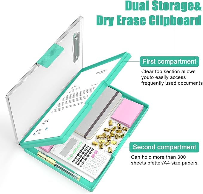 Hongri Clipboard with Storage, Green 8.5 x 11 Folder Nursing Side Opening, Heavy Duty with Dual Compartment, Smooth Writing for Teachers, Classroom, Size 13.3 x 9.4 x 1.5 in, Office & School Supplies