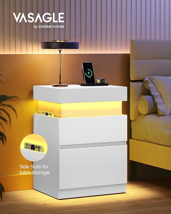 VASAGLE Kailyn Collection - Nightstand with Power Outlets, Sliding Lid, Modern Bedside Table with LED Lights, End Table, 2 Drawers, 15.7 x 18.9 x 26.8 Inches, Cloud White ULET650WB01S