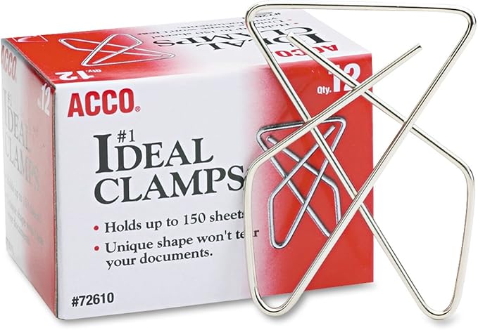 ACCO Brands Ideal Paper Clamp (Butterfly Clamp), Smooth Finish, No.1 Size (Large), 12/Box (A7072610)