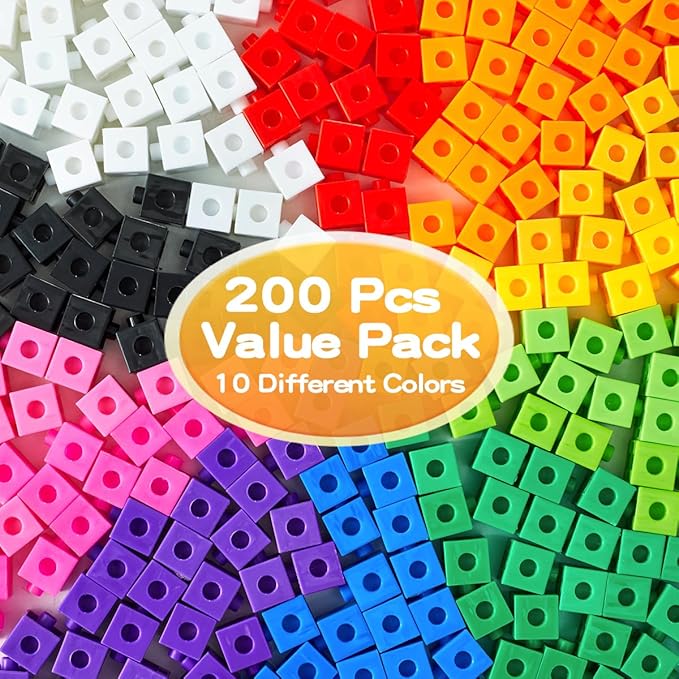 Set of 200 Kids Linking Cubes for Math, STEM Connecting Cubes Math Manipulatives Kids Counting Blocks for Classroom Learning Supplies for Preschool and Elementary Children