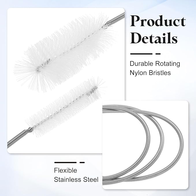 HARFINGTON 3pcs Flexible Long Drain Brush Straw Cleaner Set 61.02" Stainless Steel Double Ended Hose Brush with 8" Nylon Long Tube Pipe Cleaning for Fish Tank Sink Pipe, White