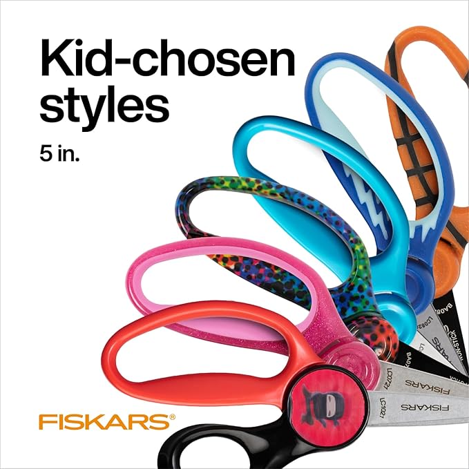 Fiskars 5" SoftGrip Blunt-Tip Scissors for Kids Ages 4-7 (3-Pack), Scissors for School or Crafting, Back to School Supplies, Blue, Purple, and Pink Designs