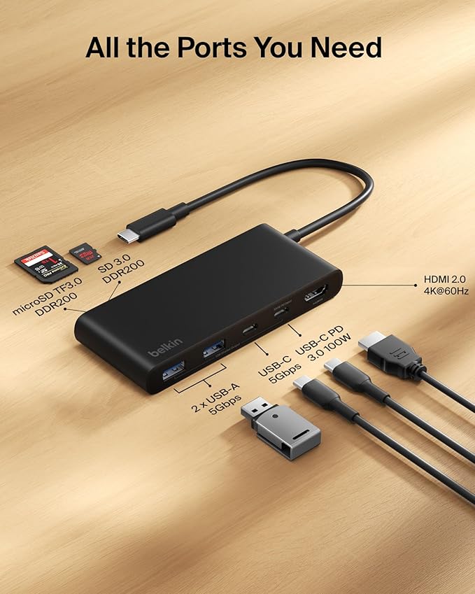 Belkin USB C Hub, 7-Port Hub w/ 4K HDMI Display @ 60Hz, SD & MicroSD, 100W Power Delivery, Fast Data Transfer 5Gbps, USB C Multiport Adapter for MacBook, iPad Pro, Chromebook, etc. - Upgraded HDMI 2.0