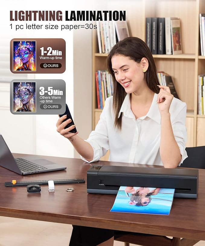13 Inch Laminator Machine, A-3 9-in-1 Thermal Laminator with Sheets for Hot & Cold Laminating Machine, Features Fast 60-Sec Warm Technology and Never-Jam Design for Home,Office,or School Use (Black)