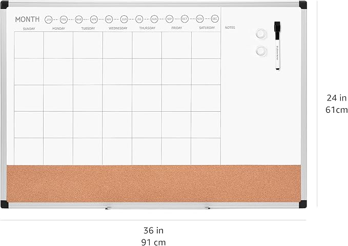 Amazon Basics 24" x 36" Monthly Whiteboard Calendar with Cork Board, Wall Mounted, Easy to Install, Silver Aluminum Frame, Erasable Planning Organization