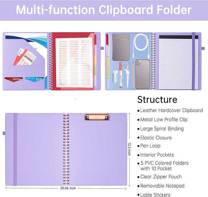 HAUTOCO Spiral Leather Clipboard Folio with Notepad (8.5 x 11''), 5 Folders with 10 Pockets, Storage Zipper Pouch, Pen Loop, 39 Stickers, Padfolio Organizer for Work School, Lavender