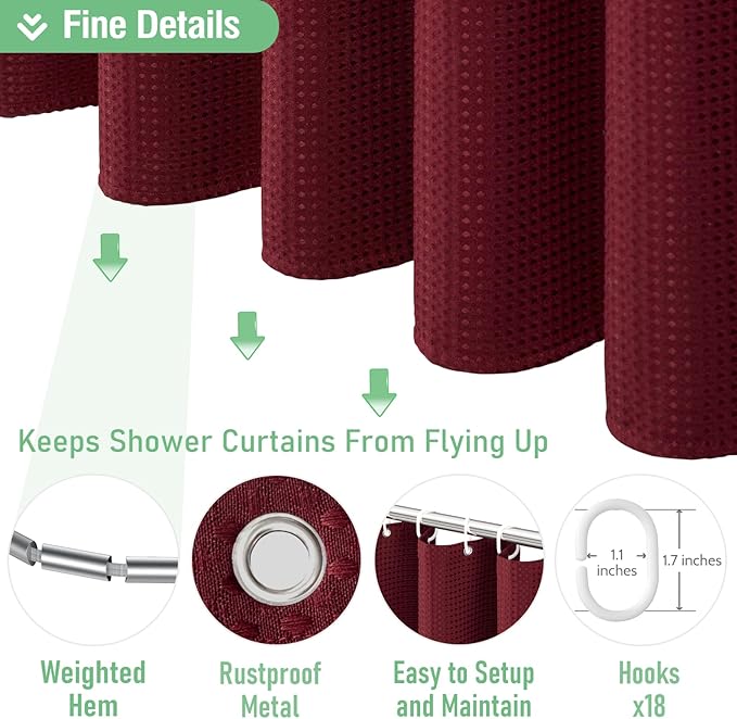 Dynamene Extra Wide Shower Curtain - 108 Inch Wide Waffle Weave Weighted Thick Cloth Bathroom Shower Curtain, Neutral Heavy Duty Hotel Bath Curtain Set with 18 Plastic Hooks, 108x72, Burgundy