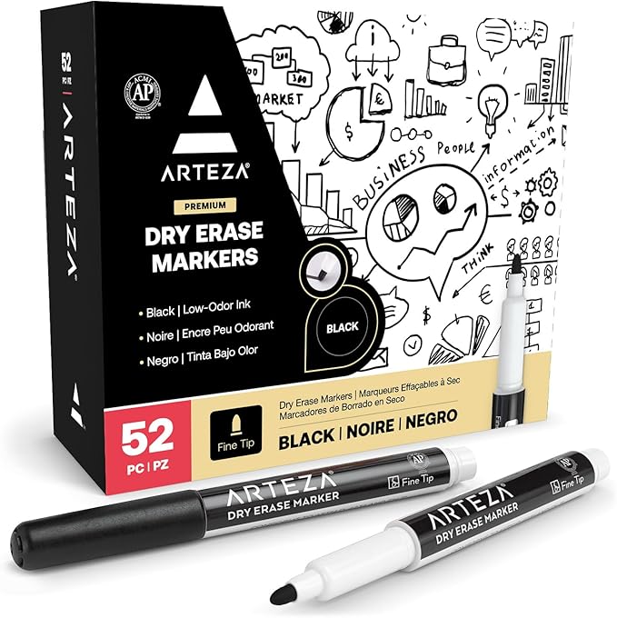 ARTEZA Black Dry Erase Markers Pack of 52, Fine Tip, Low-Odor Black Ink, Classroom-Preferred Whiteboard Markers