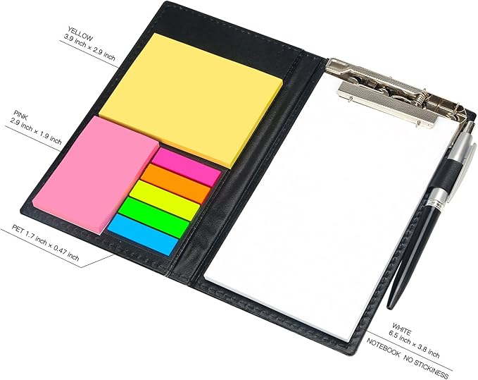 Sticky Notes Notebooks Colored Page Markers Bundle Set, Rectangular Notes and Index Tabs Flags Organizer, W/Fashion Ballpoint Pen, Leather Look Design Holder,Office and Teacher Gift.YISEEK