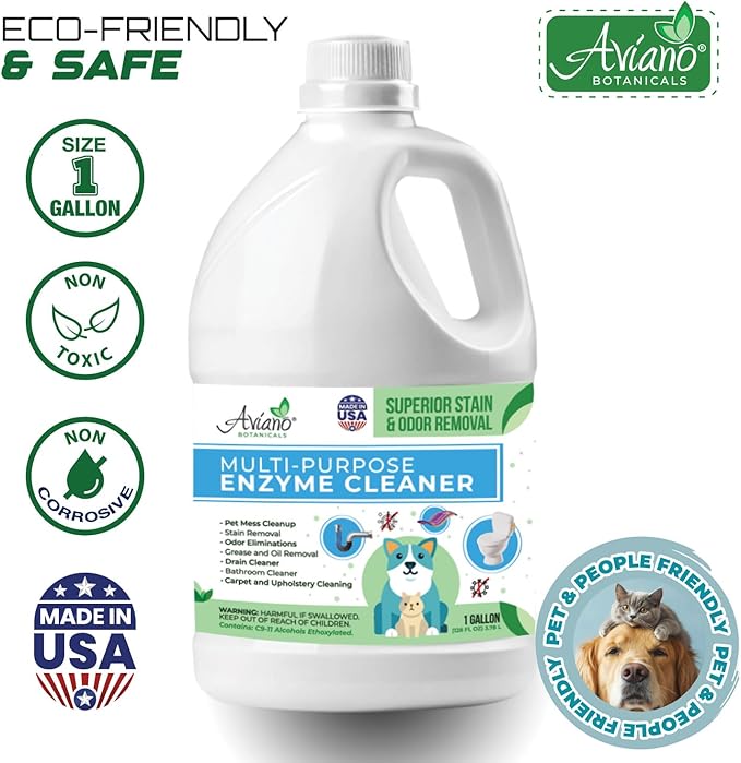 Aviano Botanicals Multi-Purpose Enzyme Cleaner, Made in USA – (1 Gallon) Safe, Pet & People Friendly, Eco-Friendly Solution for Pet Mess, Odor, Carpet, Upholstery, Drain, Bathroom & Floor Cleaning