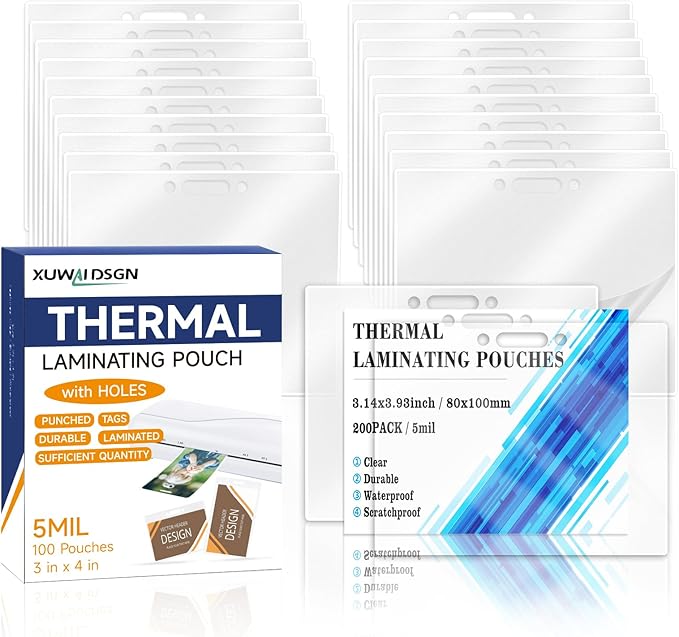 200 Pack 5mil 3x4" Thermal Laminating Pouches Badge Laminate Pouches Clear Laminated Luggage Tags Printable Laminator Pouches for Business Permits Cards (200, 2.94"x4.13"-5mil-with Holes)