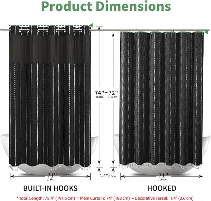 Boho Farmhouse No Hook Shower Curtain Set with Snap-in Fabric Liner,Heavy-Duty Linen Textured Rustic Striped Design,Water-Repellent with Tassels and Sheer Window,Black,71x74