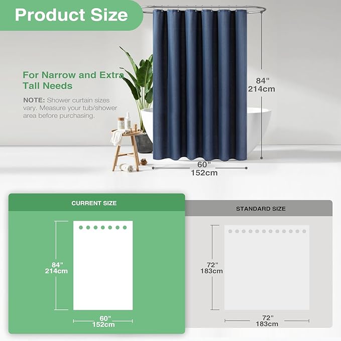 Dynamene Stall Fabric Shower Curtain - 60 x 84 inch Long Waffle Weave Weighted Thick Cloth Shower Curtain for Bathroom, Neutral Heavy Duty Hotel Spa Luxury Bath Curtain Set with 10 Hook, Navy Blue