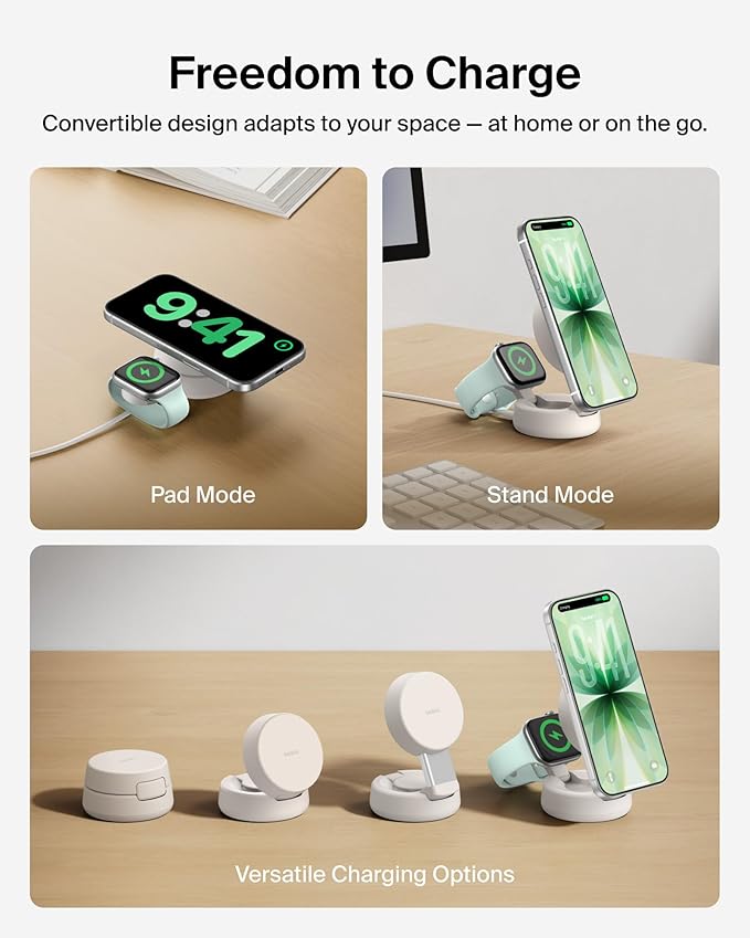 Belkin MagSafe Charger Compatible, 2-in-1 Wireless Charging Station, Qi2.2 25W Convertible Magnetic Charger for iPhone 17, Apple Watch Series 10, Google Pixel 10, and More (45W Adapter Included)
