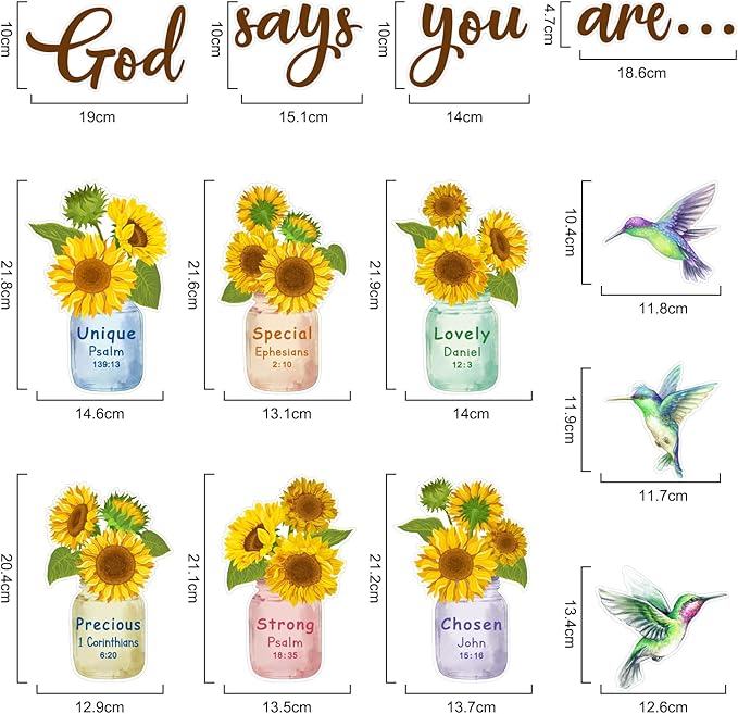 Outus 28 Pcs Sunflower Bulletin Board Set Spring Religious Bulletin Board Decorations Inspired Christian Flower Cutouts Hummingbird God Says You are Wall Art for School Classroom Teacher Kids
