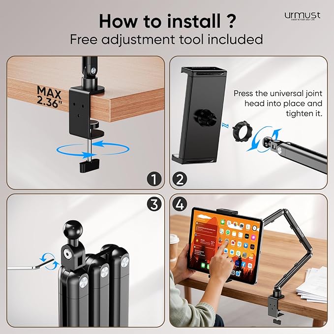 Urmust Tablet Stand for Desk, Adjustable iPad Holder Clamp Mount, 360° Rotation, Sturdy Aluminum Tablet Arm Mount for 4.7"-15.6" iPad Pro/Air/Mini, iPhone, Galaxy Tab, for Kitchen, Work, Video Call