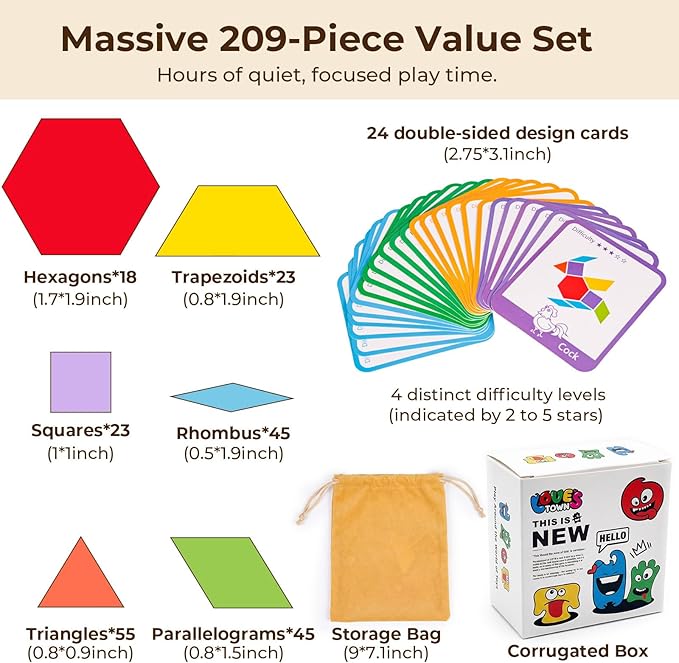 LovesTown 209 PCS Shapes Wooden Pattern Blocks for Kids, Geometric with Activity Cards and Storage Bag, Educational Tangram Puzzles,Great Learning Gift from Parents or Teachers (Pack of 2)