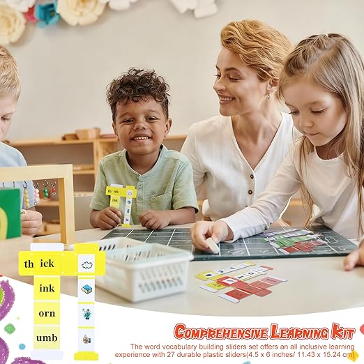 27 Pcs Word Vocabulary Building Sliders with Instruction Card Consonant Blends and Digraphs Phonics Manipulatives Along with VCV Teaching Colorful ELA Learning Essentials to Build Sentences