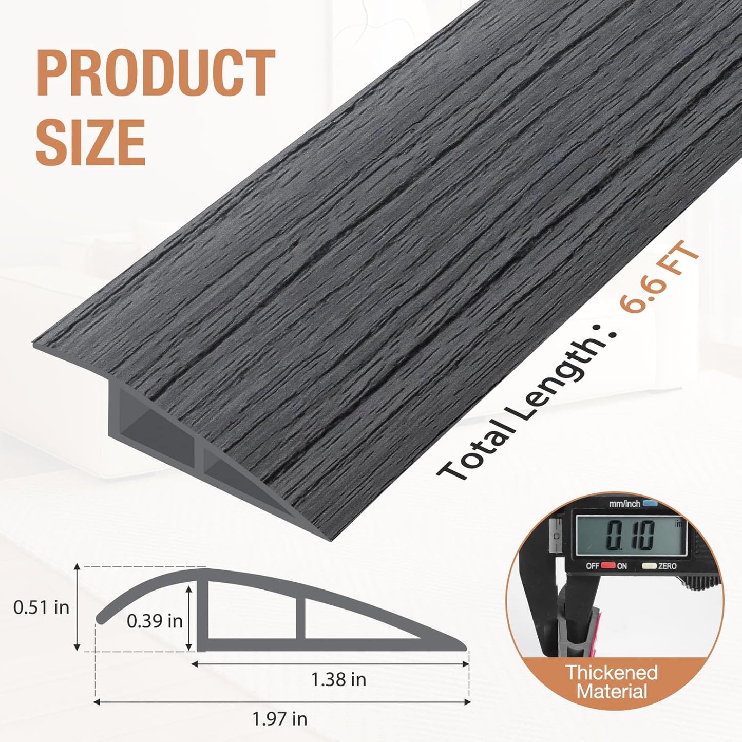 Floor Transition Strip Self Adhesive Vinyl Door Threshold for Doorways Carpet Edging Trim Overlap Edge Reducer for Laminate Floor, Carpet, Tile (Deep Gray Wood Grain, 1/5" to 2/5", 6.6Ft)